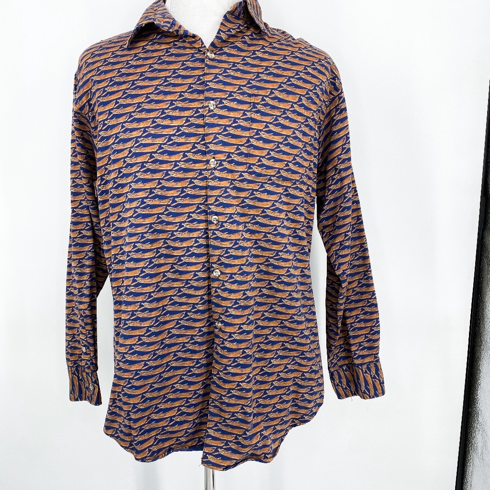 Orvis Shirt with Row Boat Canoe Print All Over Long Sleeve Button Down Men Large